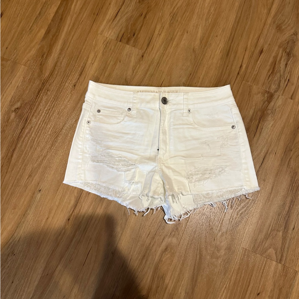 American Eagle Hi Rise Shortie distressed white denim shorts